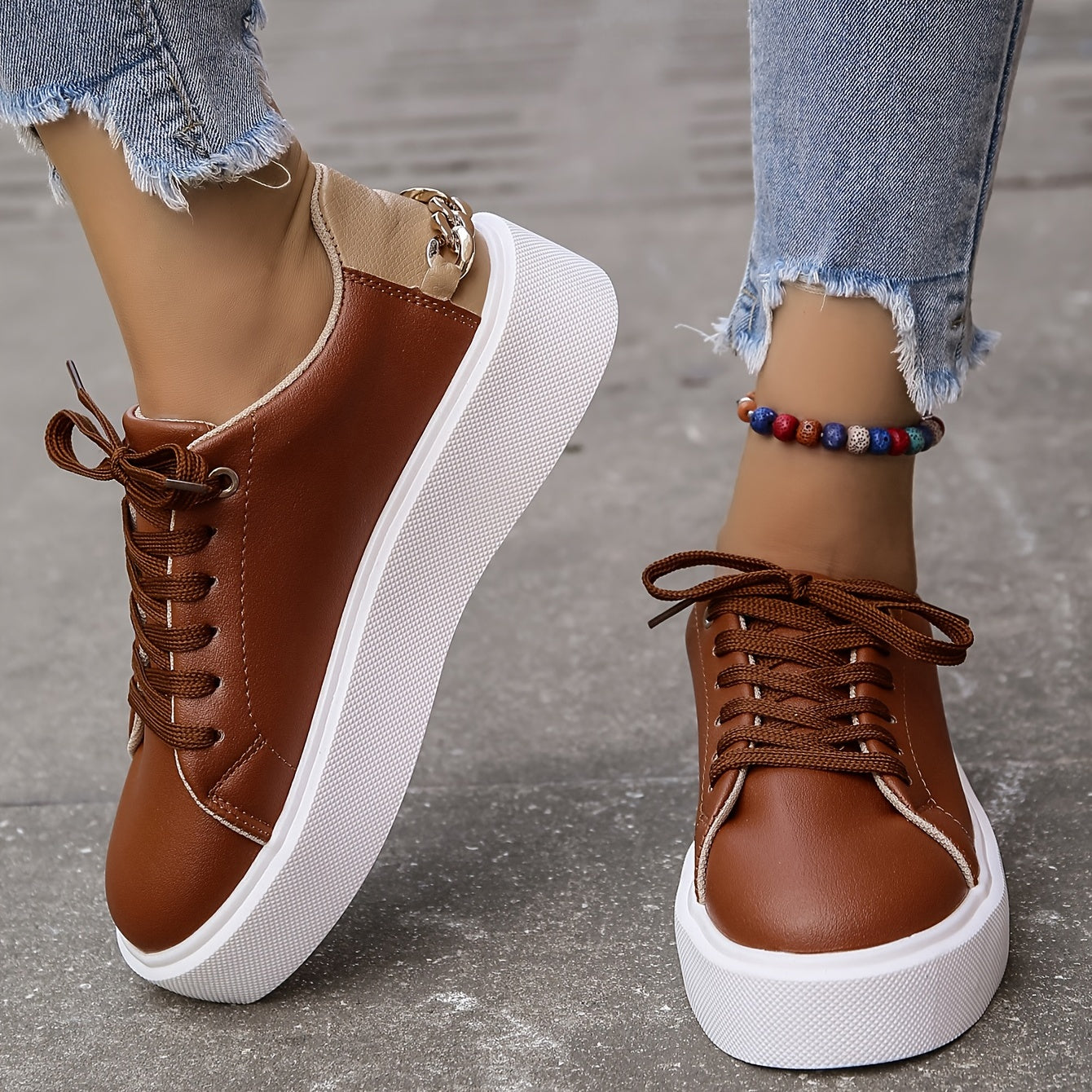 Women's Colorblock Casual Sneakers, Lace Up Comfy Chain Decor Flat Shoes, Versatile Low-top Skate Shoes